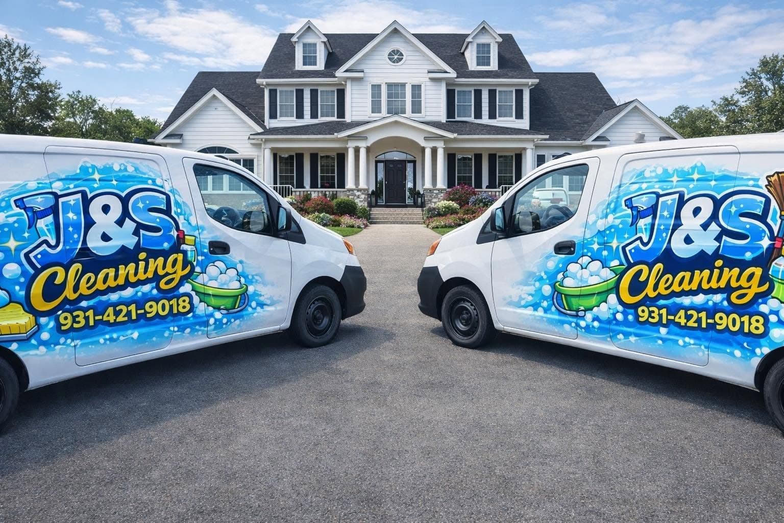Two J&S Cleaning branded vans outside a home